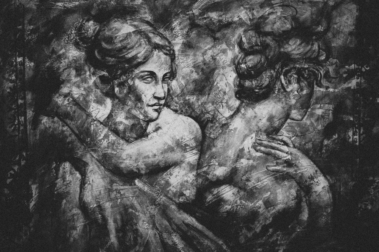 Black and white abstract art depicting classical figures in a textured paint style.