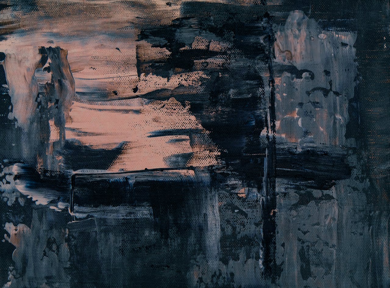 Abstract expressionist painting with dark and moody texture on canvas.